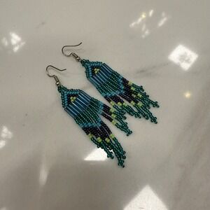 Beaded Fringe Dangle Earrings Green Blue Fashion Jewelry